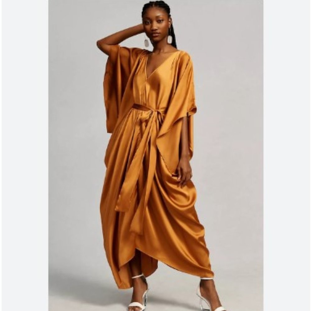 Anthropologie Satin Wrap Caftan Dress in Mustard Gold
